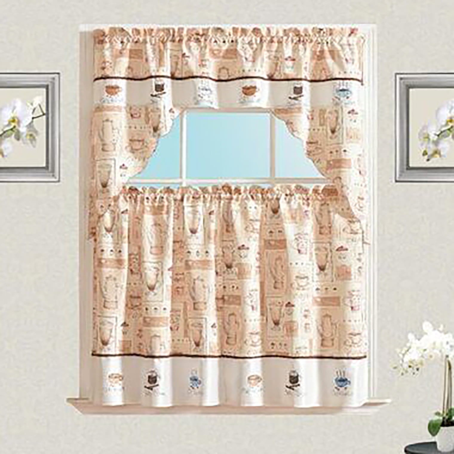 Cafe Embroidery Kitchen Curtain with Swag and Tier Set 36 in beige