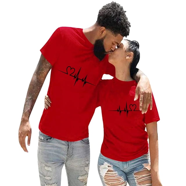 LUOGENLI Hauts pour Femmes Tendance Sortie Hiver Décontracté Couleur Unie avec Imprimé Électrocardiogramme Col Rond Manches Courtes Vêtements Rouge Taille TG