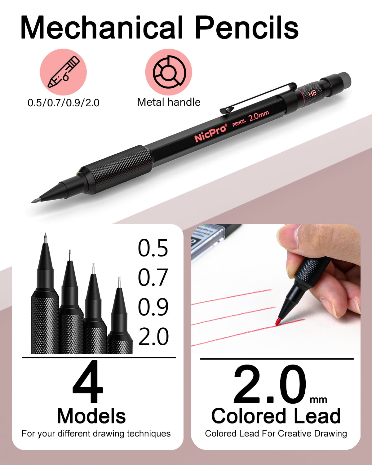 Nicpro 27Pcs Art Mechanical Pencil Set in Case, Metal Drafting Pencil 0.5, 0.7, 0.9 mm & 2mm with 13 Tube Lead Refills(4B 2B HB 2H 4H Colors) Weatherproof Barrel for Outdoor Writing Drawing Sketching