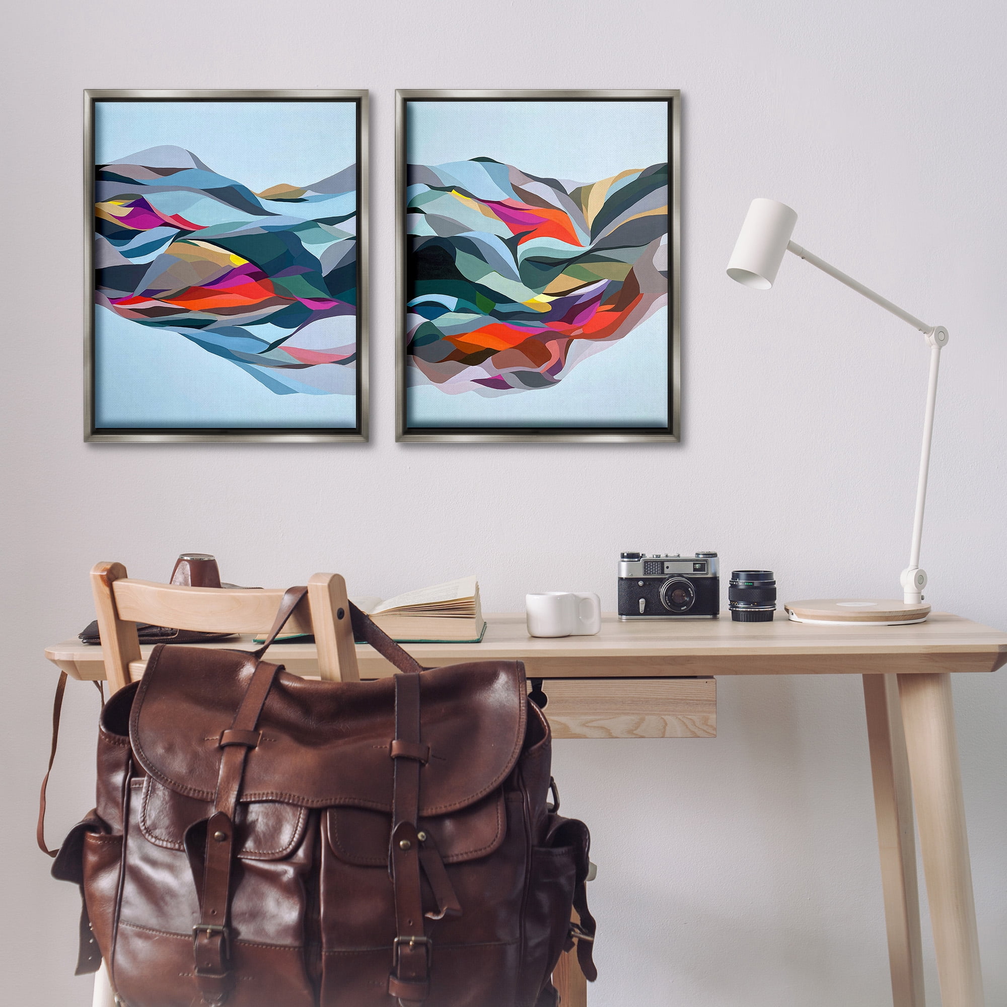 Stupell Industries Patterned Mountain Abstraction Abstract Painting Gray Floater Framed Canvas Art Print Wall Art, 25 x 31, Set of 2