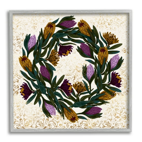 Wild Thistle Floral Wreath on Regal Gold Pattern Botanical & Floral Framed Art Print Wall Art, 17x17