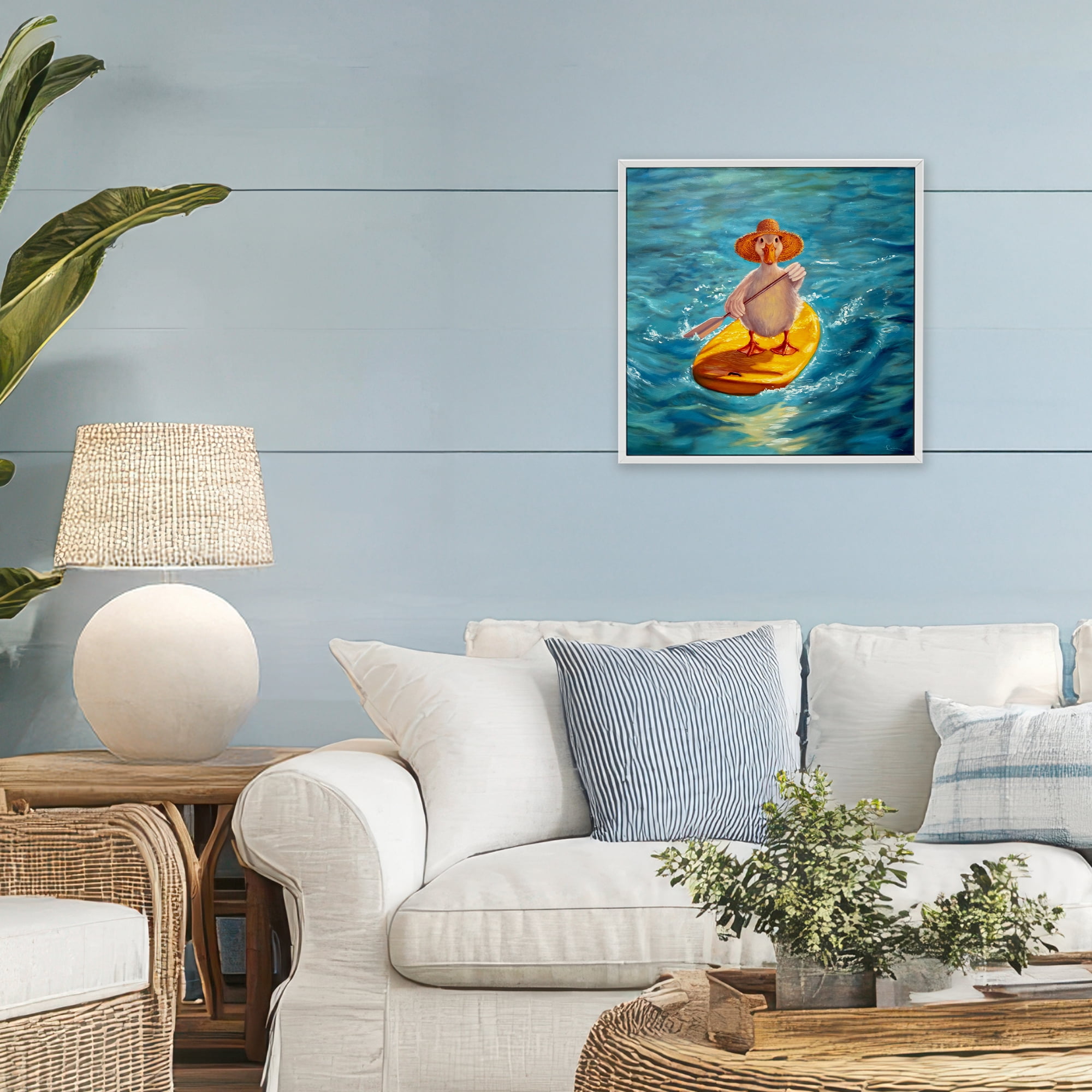 Stupell Industries The Paddler Duck with Straw Hat White Framed Giclee Art, design by Lucia Heffernan