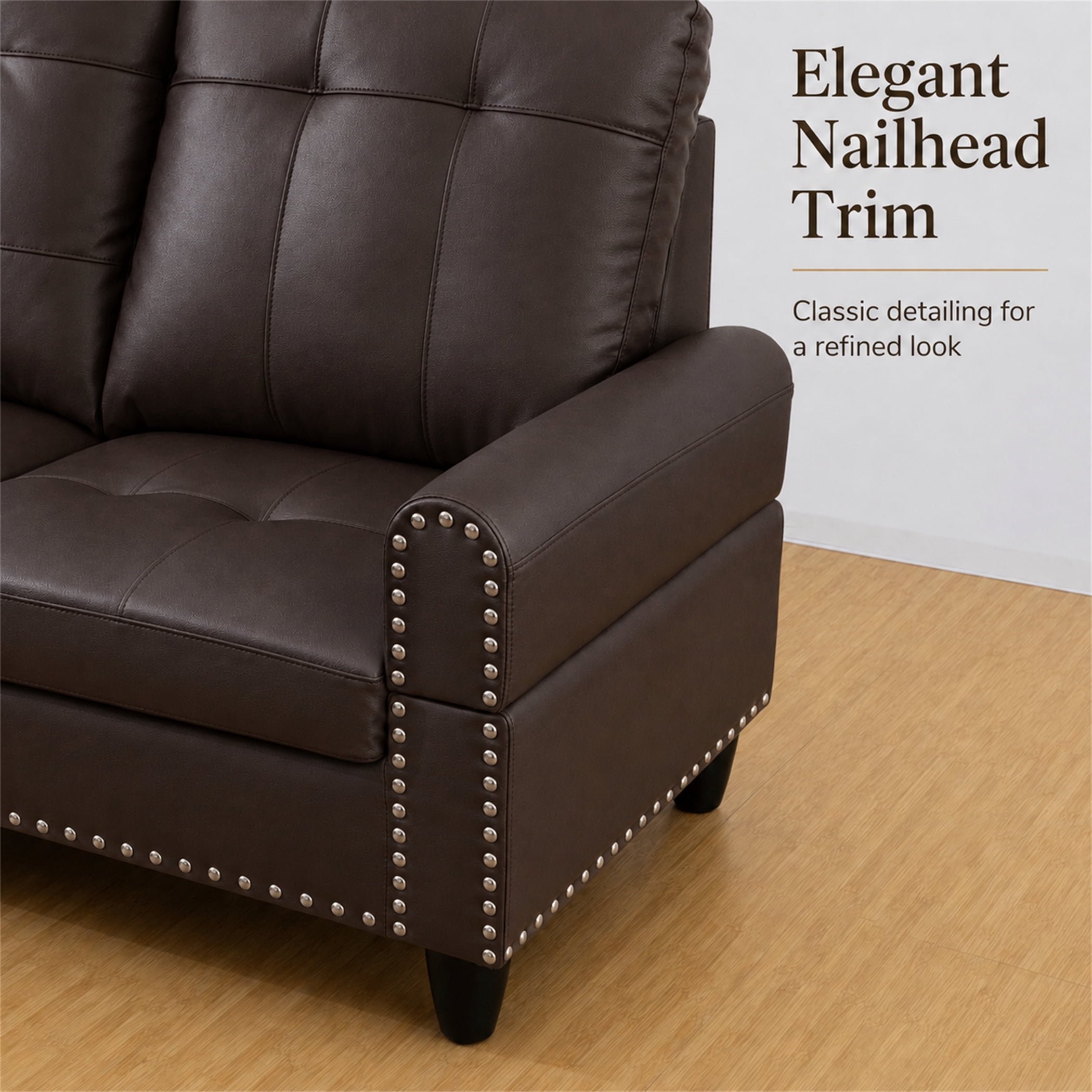 Aukfa 98" L Shaped Sectional Couch with Cup Holder Console, Tufted Back&Nailhead Trim, Oversized Left Chaise Leather Sofa for Living Room, Brown