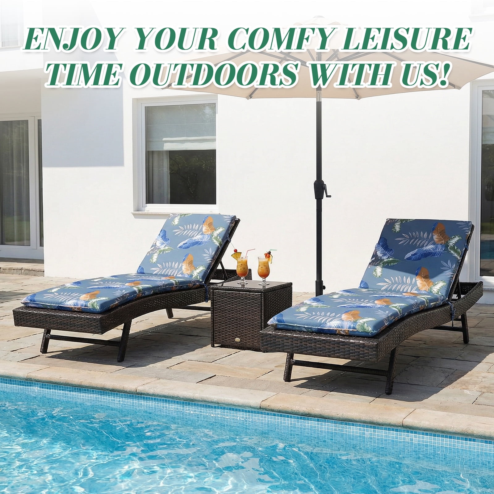Eurhowing Outdoor Chaise Lounge Cushion 76"×23"×3", Waterproof Thick Patio Furniture Cushions with Straps, High-Density Foam Chair Pads for Poolside & Deck, 1 Pack, Blue Leaves