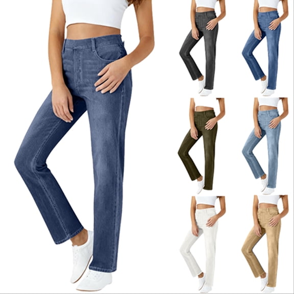 Tqyyweavej Jeans for Women High Rised Straight Leg Lounge Trousers Solid Color Wide Leg Slim Jeans Pants with Pockets Gifts for women Size XS to XL