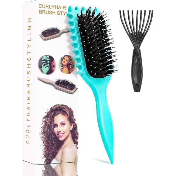 shiyou-Curly Hair Brush for Women Men, Detangling Hairbrush with Boar Bristle, Curl Combs for Wet Hair, Curl Styling Brush Shaping, Separating and Enhancing Natural Curls with Cleaning Claw (Green)