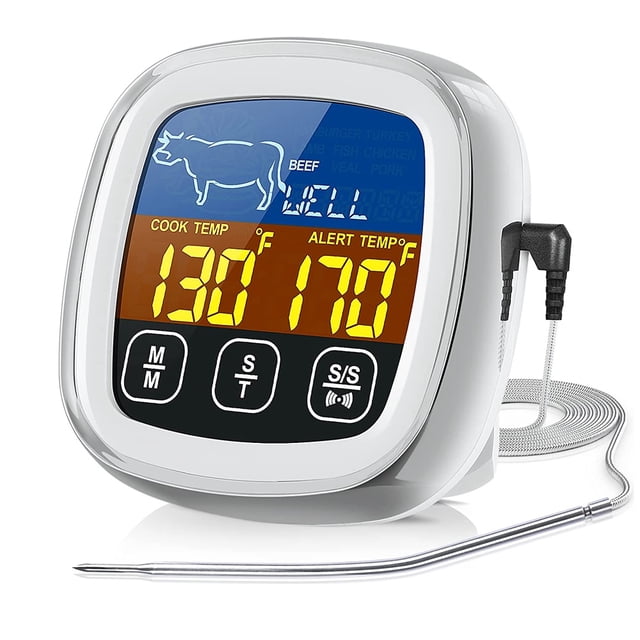 Digital Meat Thermometer with Large Touchscreen LCD, with Long Probe, Kitchen Timer, Backlight Instant Read for Smoker Kitchen BBQ Oven, Grill Thermometer, Cooking Food Meat Thermometer