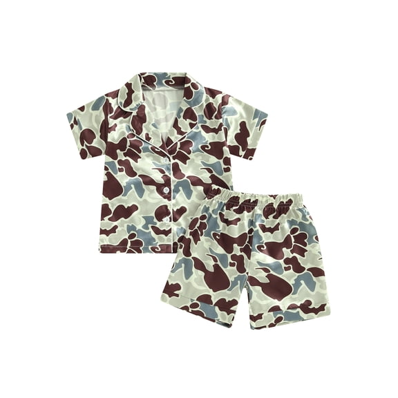 Toddler Baby Girl Boy Satin Summer Pajamas Set Camouflage Print Short Sleeve Button-Down Pajamas Top Pants Kids 2Pcs Loungwear Sleepwear Pjs