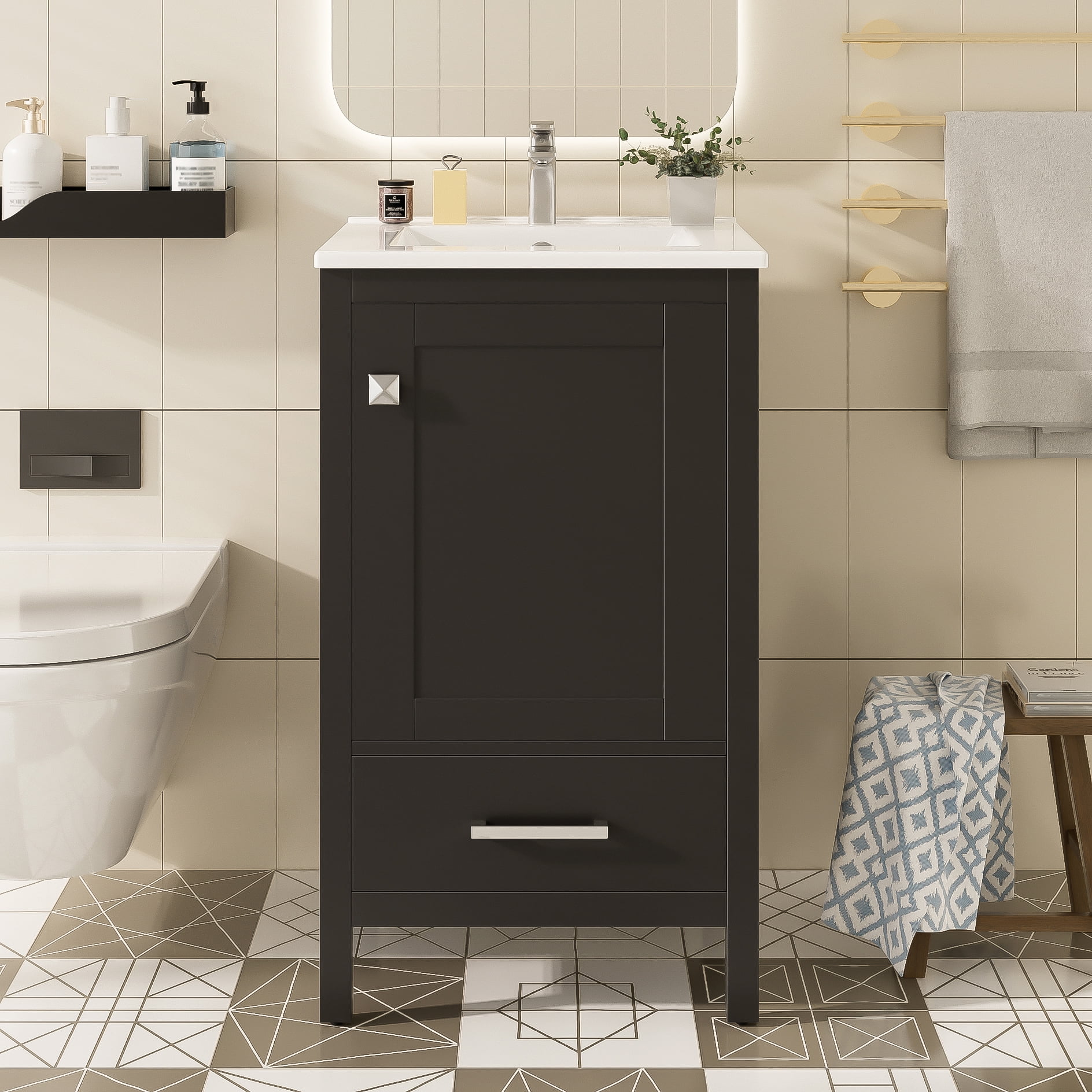 Euroco 20-Inch Modern Bathroom Vanity with Ceramic Sink, Soft-Close Drawer & Door, Double-Layer Door Organizer, Divider Drawer, Adjustable Foot Pads