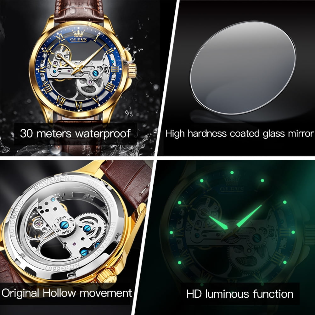 OLEVS Automatic Watches for Men Skeleton Brown Leather Band Large Face Self Winding Mechanical Mens Dress Watches Waterproof Easy to Read Luminous Business Casual Mens Wrist Watches Reloj Para Hombre