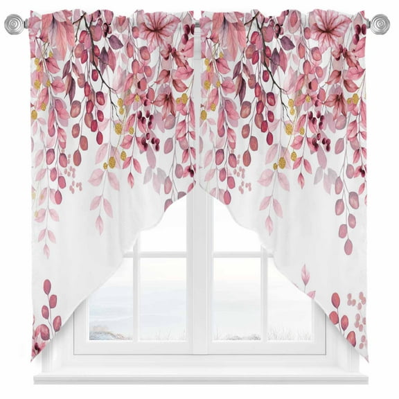 Pink Eucalyptus Swag Curtain Valance for Windows, Leaves Abstract Branch Farmhouse Retro Leaf Window Treatments Short Swag Topper for Kitchen Windows Bathroom Bedroom, 36"x36"