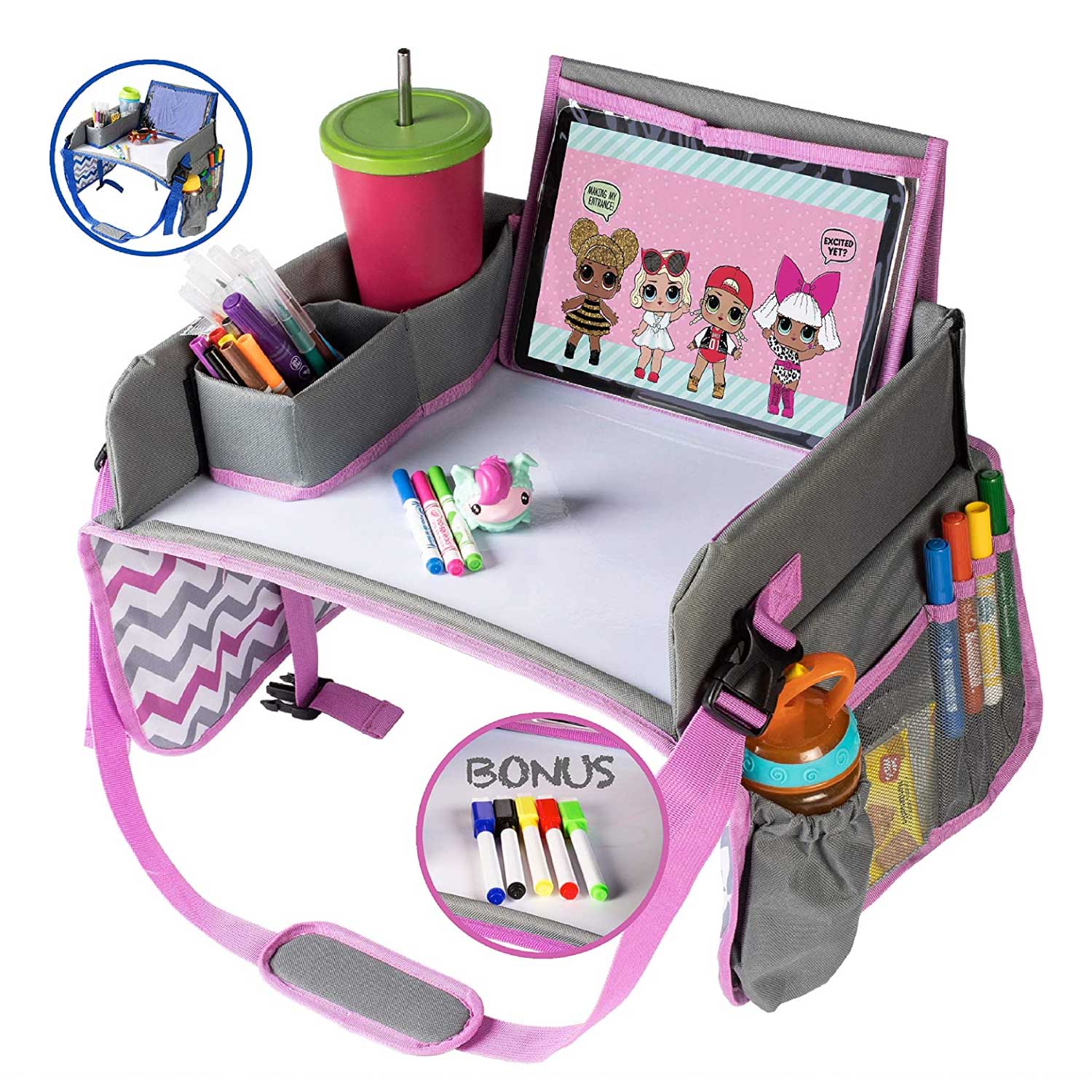 Kids Travel Car Seat Tray Travel Lap Desk Accessory with Dry Erase