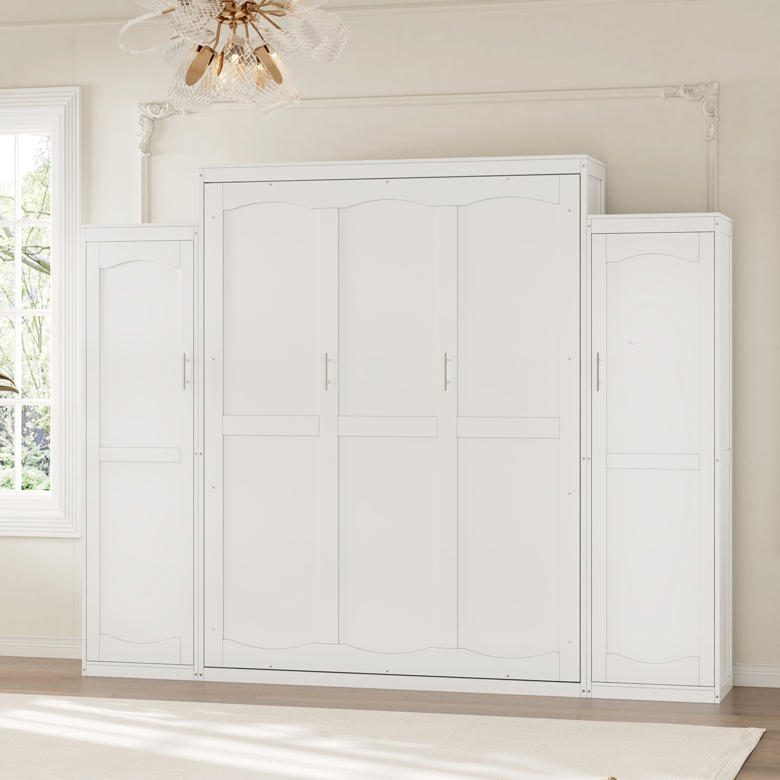 Euroco Wood Queen Size Murphy Bed with Storage Shelves, Wall Bed with Wardrobe for Bedroom