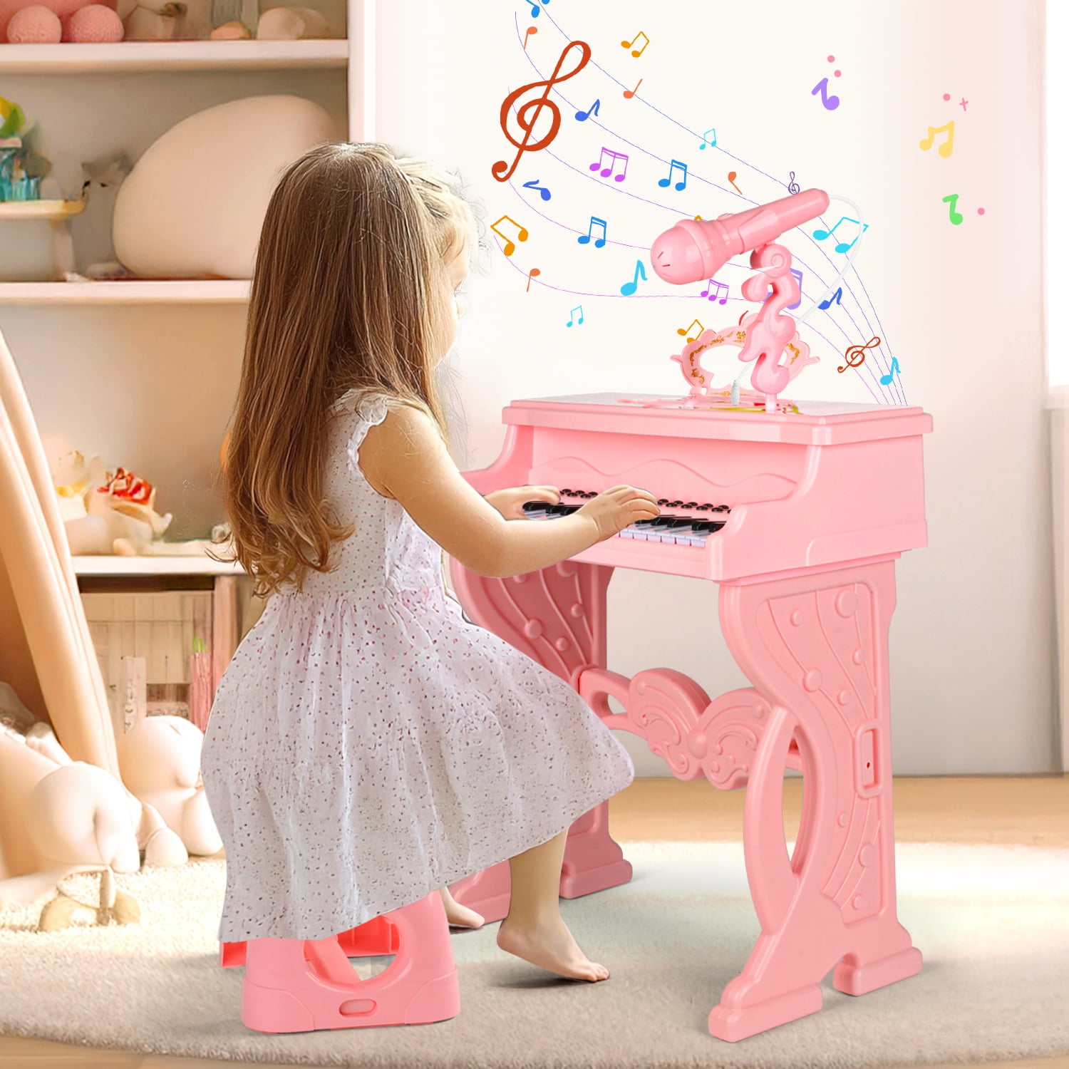Beefunni Kids Electronic Musical Instrument Piano Learning Toy Keyboard w/Multiple Sounds, Lights, Microphone, Stool, Birthday Gift for Girls 3 4 5 6 Years Old-Pink