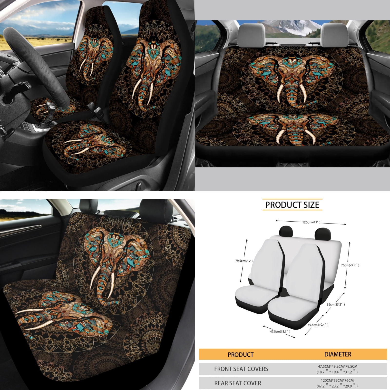 Yuyamidu 14 PCS Boho Car Seat Cover Elephant Steering Wheel Cover Seatbelt Strap Pad Trash Can Auto Armrest Cover Cushion Cup Coasters Rearview Mirror Cover Handbrake Cover Set