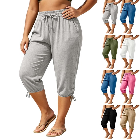 VBVC Women's Plus Drawstring Loose Capri Joggers , Casual Summer Stretchy Pants For Women , Ladies' Comfy Adjustable Hem Crop Trousers with Pockets, Black , XL-5XL