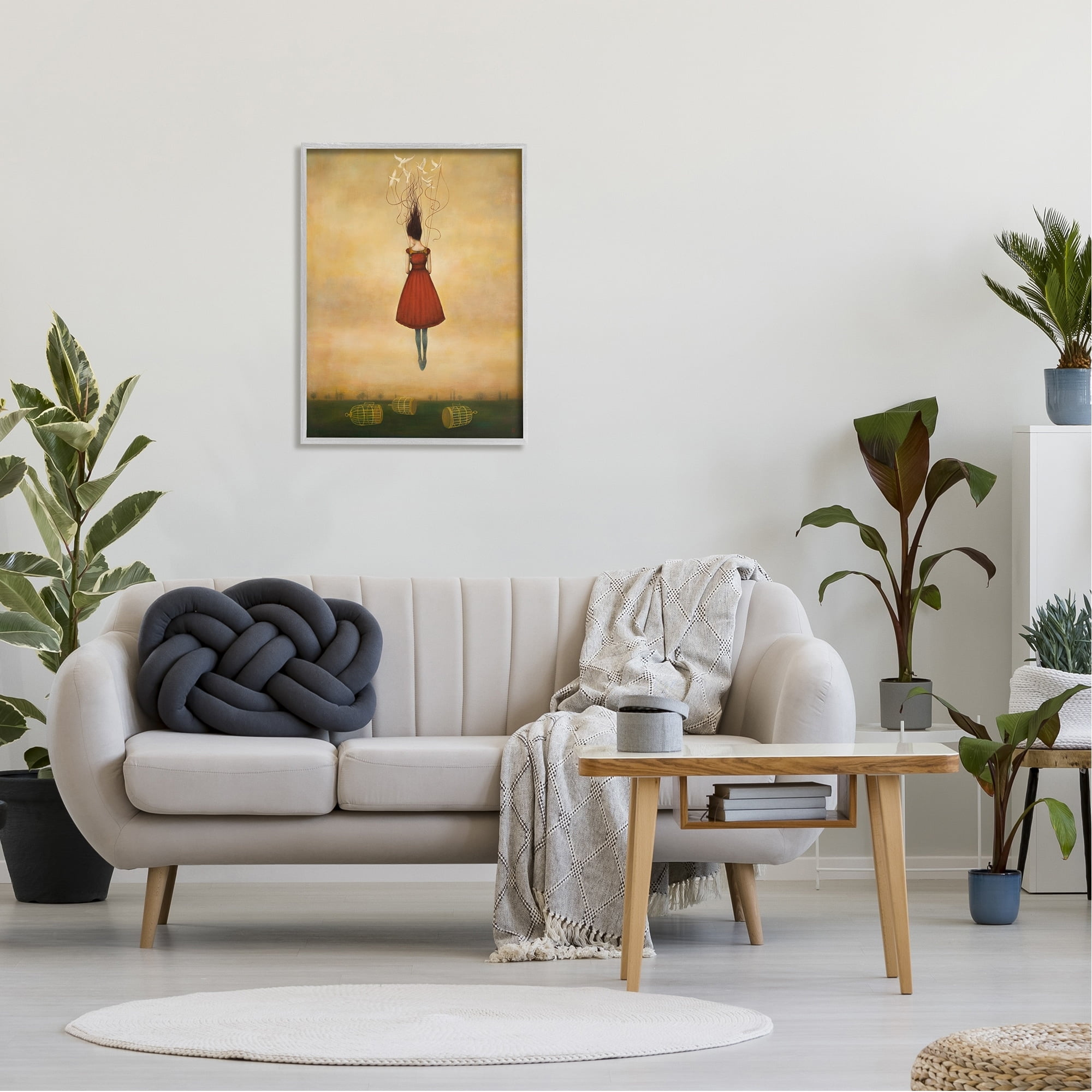 Stupell Industries Woman Floating Birdcage Doves Red Dress Surreal Design Framed Wall Art, 24 x 30, Design by Anna Dittman