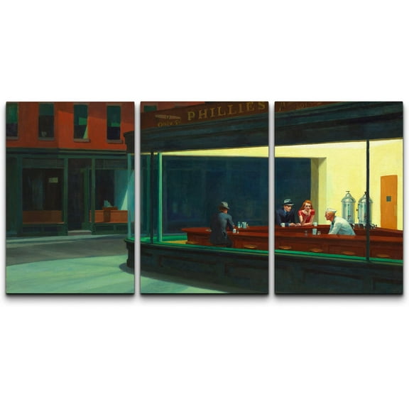 wall26 Canvas Print Wall Art Set Nighthawks by Edward Hopper Cultural Historic Oil Painting Fine Art Reproduction Scenic Colorful for Living Room, Bedroom, Office - 24"x36" x 3 Panels