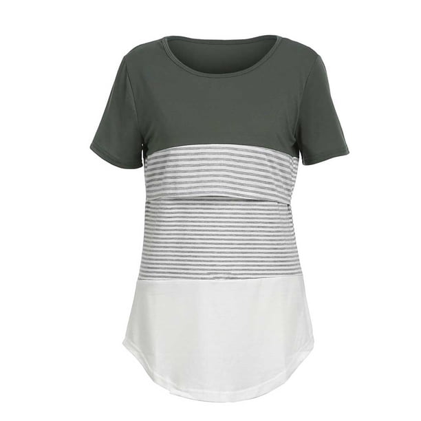 Jumpingount Camiseta de lactancia de cuello para mujeres embarazadas, camiseta de lactancia de manga corta de algodón para viajes de verano, ropa Prendas para la parte del cuerpo L Jumpingount AP018751-03