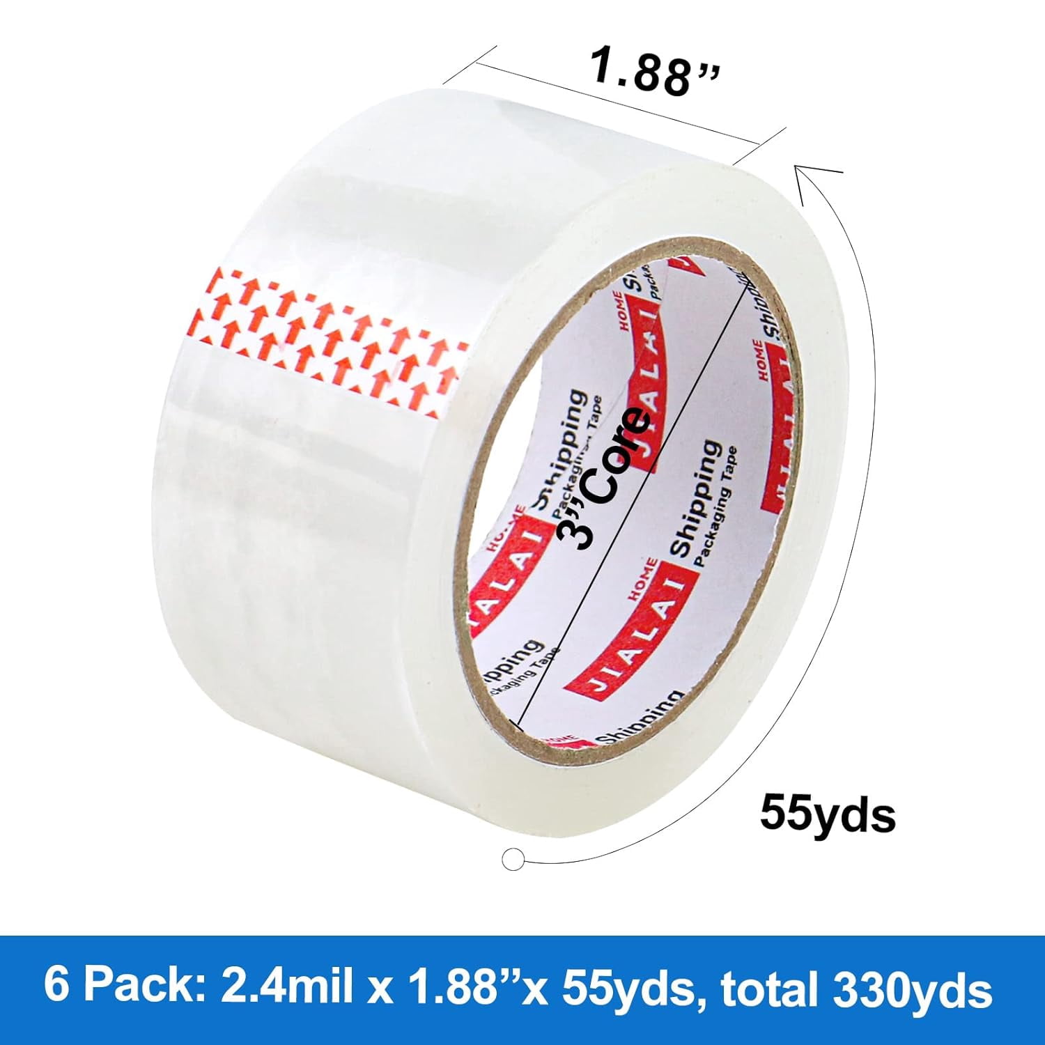 Heavy duty clear packing tape, 6 rolls with dispenser, industrial grade packing tape for transporting moving sealing, each roll 1.88 inches 55 yards.
