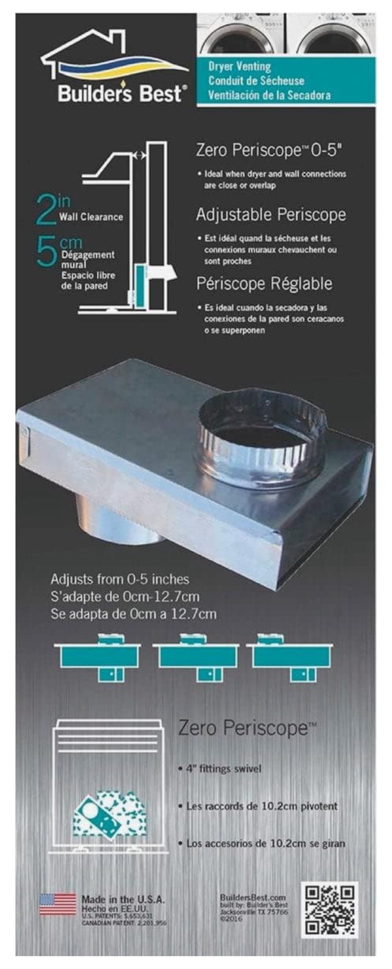 Builders Best 010175 Dryer Vent Periscope - Adjustable 0-5" - Metal Duct Extension for Tight Spaces - Baffle Airflow - Rigid Construction