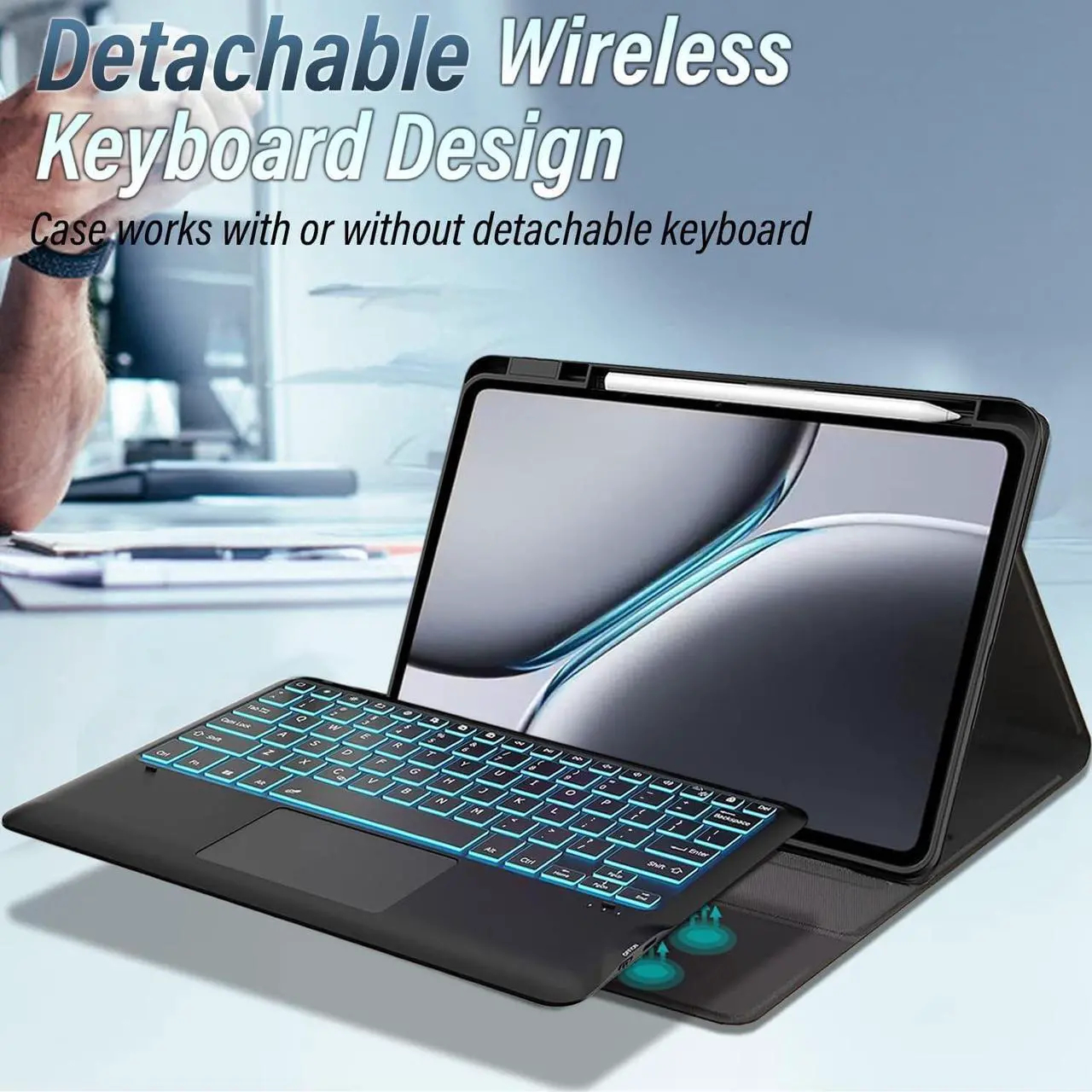 Touchpad Keyboard Case for OnePlus Pad 2 12.1 Inch 2024, 7 Colors Backlit, Detachable Bluetooth Wireless Trackpad Keyboard & Slim PU Stand Protective Cover with Pencil Holder