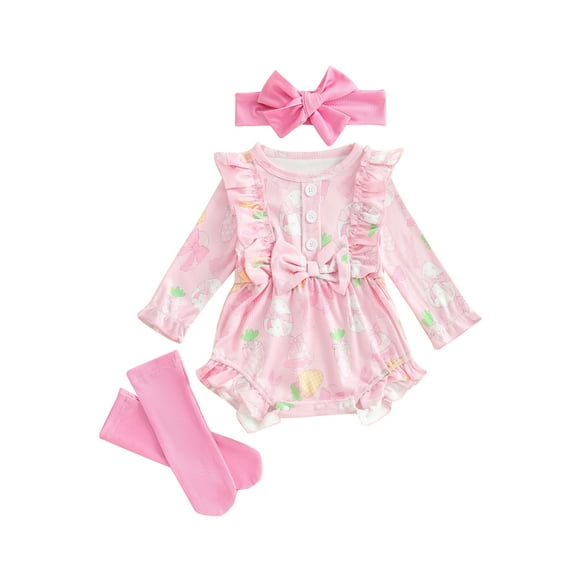 Baby Toddler Girls Easter Outfits 3 6 12 18 Months Egg Print Long Sleeve Ruffled Bow Crew Neck Romper with Headband and Long Socks Set
