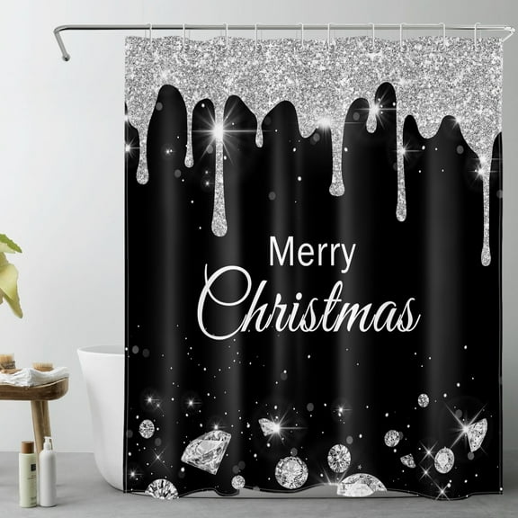 HVEST Black Christmas Shower Curtain with Black and Silver Glitter Diamond Design - Merry Christmas Holiday Bathroom Decor, Waterproof Polyester Fabric, Includes 10 Hooks, 60x72 Inches