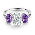 thumbnail image 2 of Gem Stone King 2.46 Cttw 10K White Gold IGI Certified Lab Grown Diamond and Amethyst 3 Stone Engagement Ring for Women | Center 1 Ct Oval Diamond | E-F Color VS1-VS2 Clarity, 2 of 6