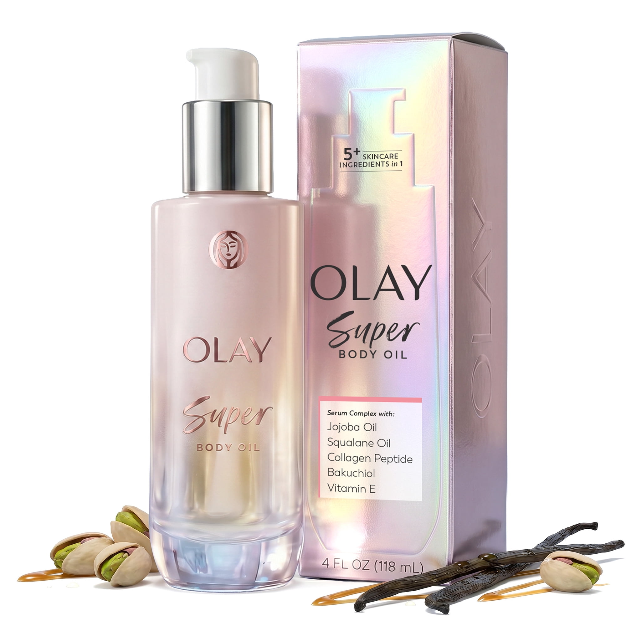 Olay Super Body Oil, 5-in-1 Oil + Serum Complex with jojoba oil, squalene oil, bakuchiol, collagen peptide, and vitamin E, 4 fl oz