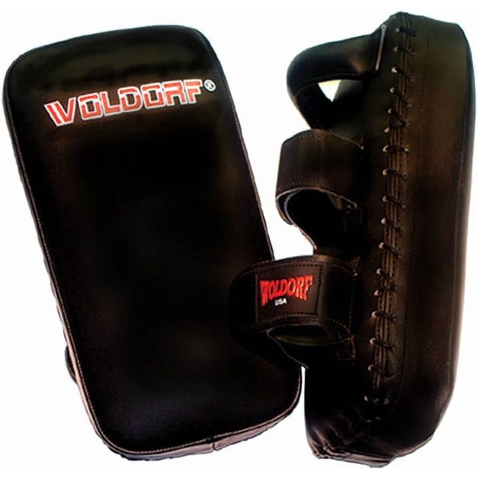 Woldorf USA Thai Kick Pads in Leather Black Muay Thai, Kick Pad, for Training, Kicking Strike Shield for Kickboxing Martial Arts Sparring Taekwondo Muay Thai & MMA