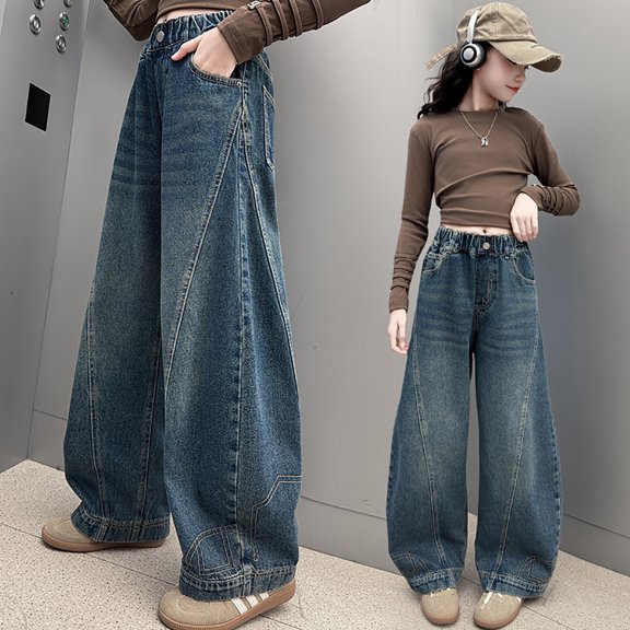 Kids Girls Baggy Jeans Pull-on Pants Wide Leg High Waist Denim Pants Cute Jeans for kids Girls Size 6-7 Years Boys Pants