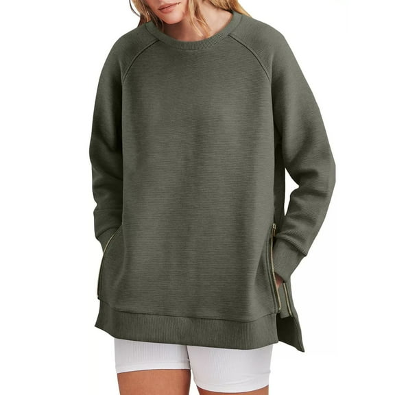 Bovemsi Womens Sweatshirts Women's Oversized Crewneck Long Sleeve Pullover Shirts Side Zipper 2025 Fall Clothes Winter Fashion Clothes