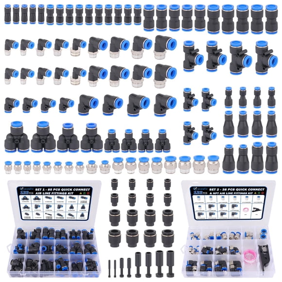 XaXmTee 123 Pcs Quick Connect Air Line Fittings Kit Pneumatic Push Lock Air Fittings 1/8",1/4",3/8",1/2" Push to Connect & NPT Thread Air Hose Fittin