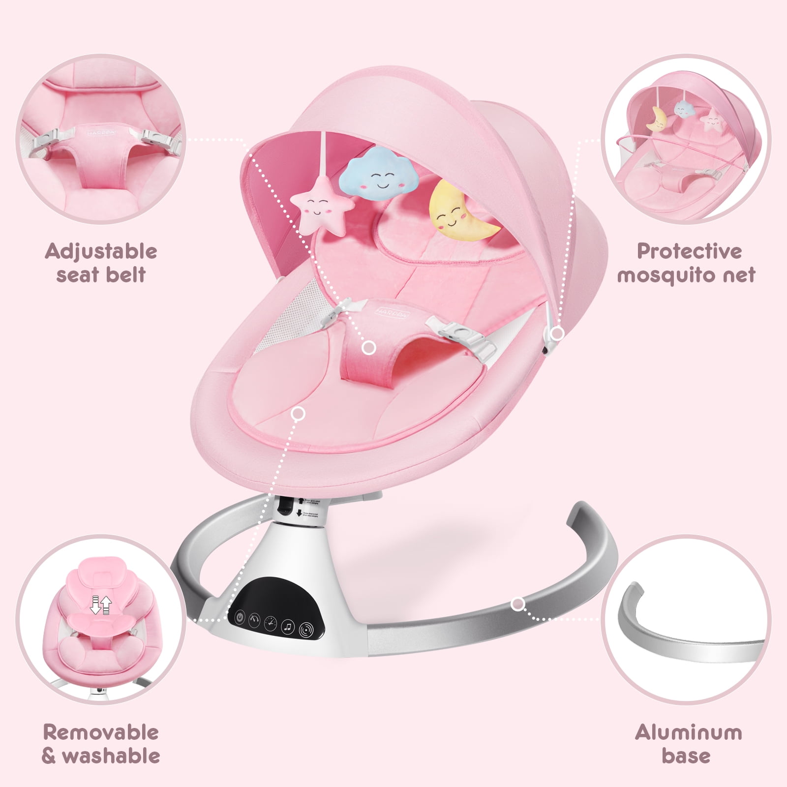 HARPPA Electric Baby Swing for Infants with Remote Control, 5 Sway Speed, Pink