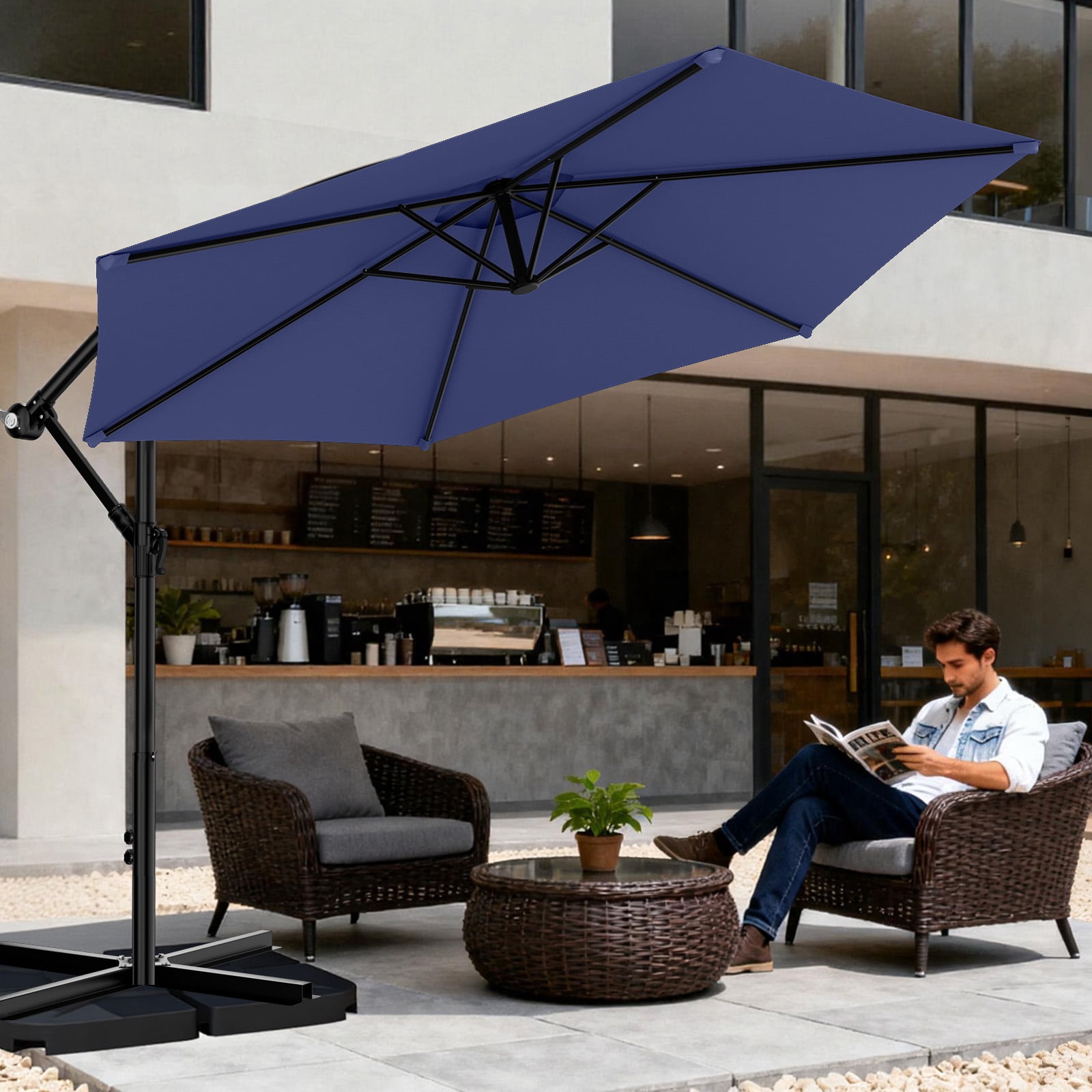 Easthome 10ft Offset Hanging Market Patio Umbrella for Backyard, Poolside, Lawn and Garden w/Easy Tilt Adjustment, Polyester Shade, 6 Ribs - Navy