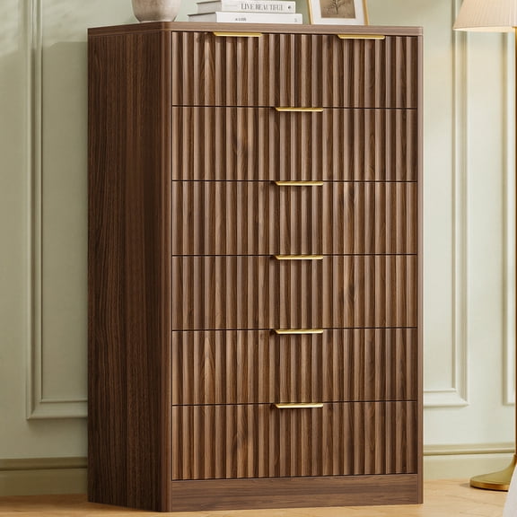Fluted 7 Drawer Dresser For Bedroom, Modern Chest Of Drawers, Wood Closet Clothes Organizer For Bedroom, Hallway, Walnut