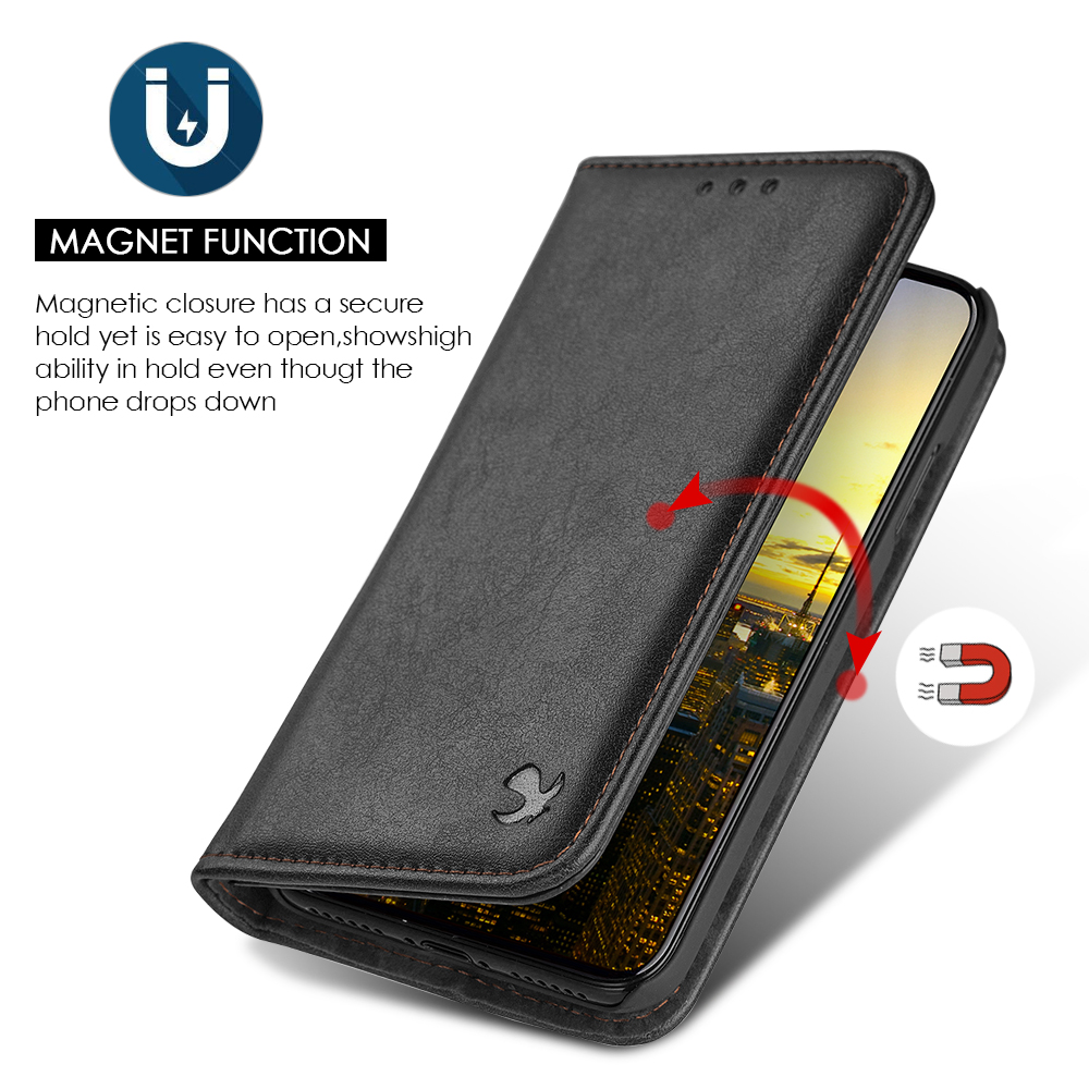 BUNDLE PACK: Vegan Leather Wallet Flip Case with Kickstand & Credit Card Slots (Black) Includes Tempered Glass Screen Protector for Apple iPhone XR