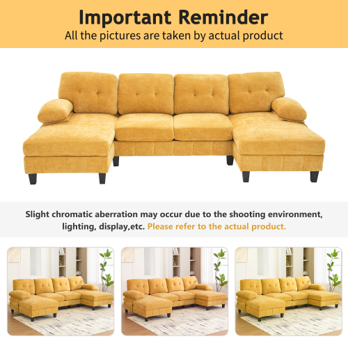 MOONMISS U-shaped Sectional Sofa 103.5" Chenille Fabric Couch with Dual Chaise Lounges, Storage Pockets and Armrest Pillows for Living Room,Yellow