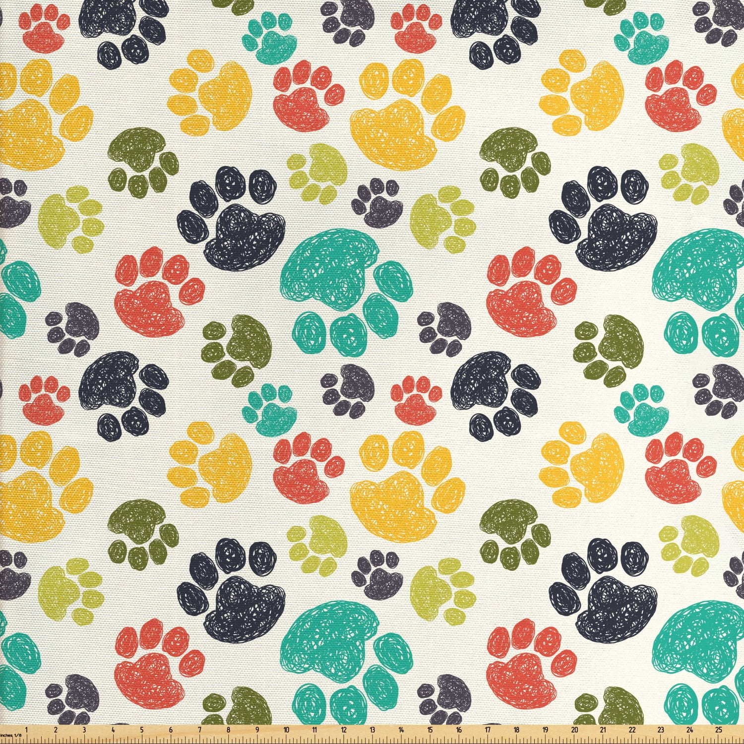 Dog Lover Fabric by The Yard, Hand Drawn Paw Print Doodles Circular