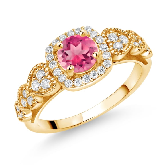 Gem Stone King 18K Yellow Gold Plated Silver Pink Mystic Topaz and White Moissanite Engagement Ring for Women (1.88 Cttw, Round 6MM, Gemstone Birthstone, Size 9)