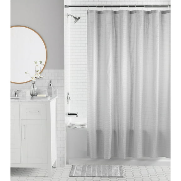 Mainstays 16-Piece Bathroom Shower Curtain Set – Soft Silver Fabric Curtain with Coordinated Bath Rug, Soap Pump & Tray