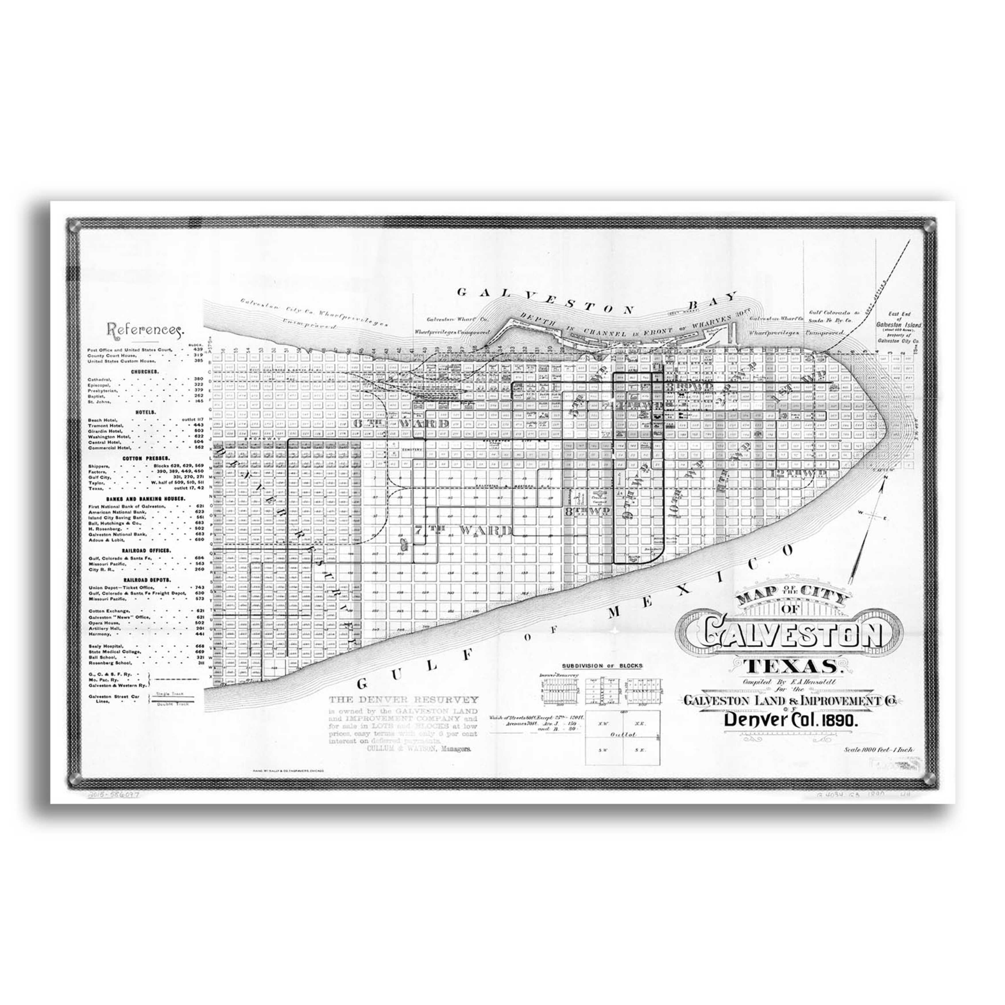 Epic Art 'Map of Galveston, TX 1890' by Epic Graffiti Portfolio, Acrylic Glass Wall Art, 36"x24 ...