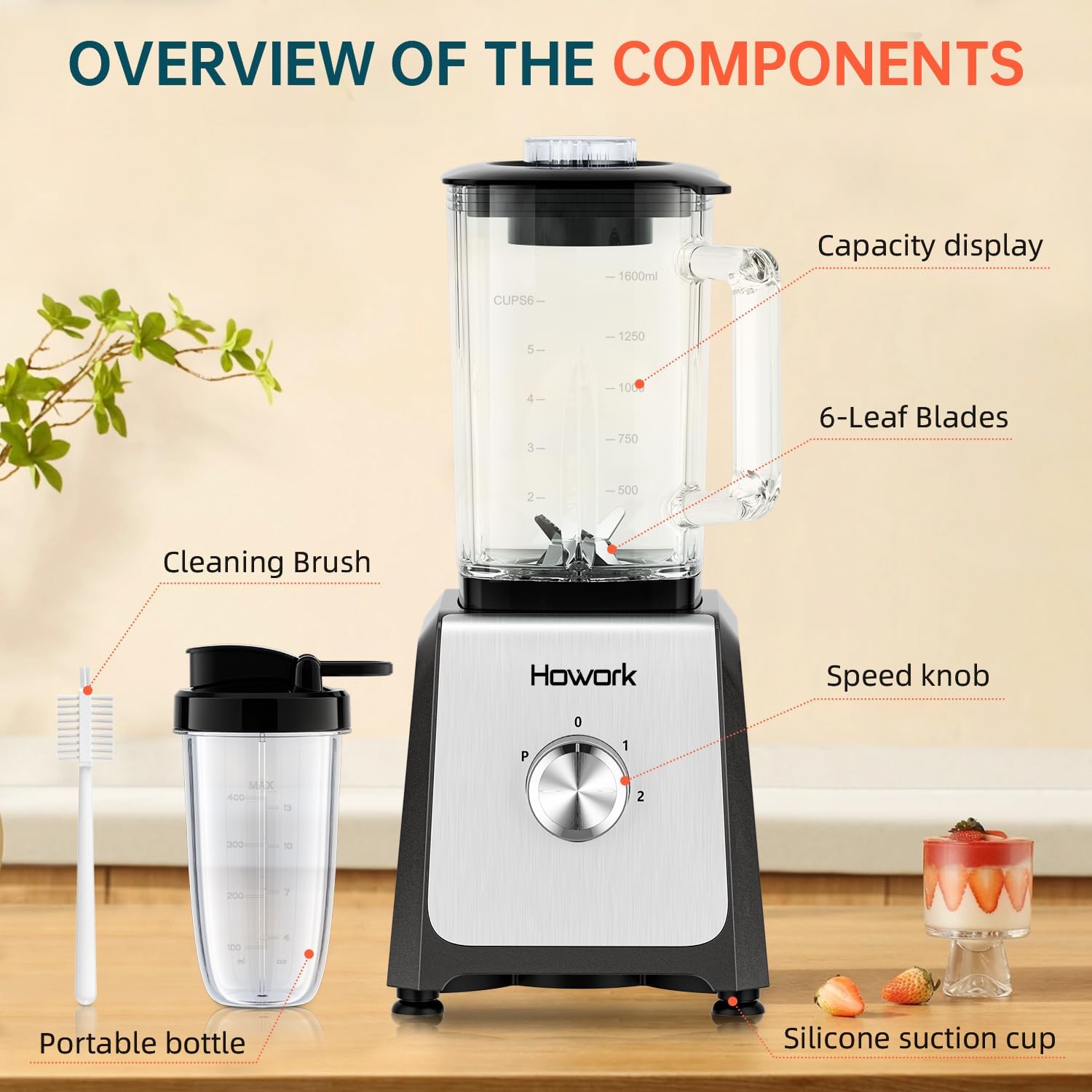 Personal Blender for Smoothies, 750W Motor with 56oz Glass Jar and 16oz Cups, 2-Speed Settings for Frozen Drinks & Ice Cream, Grey