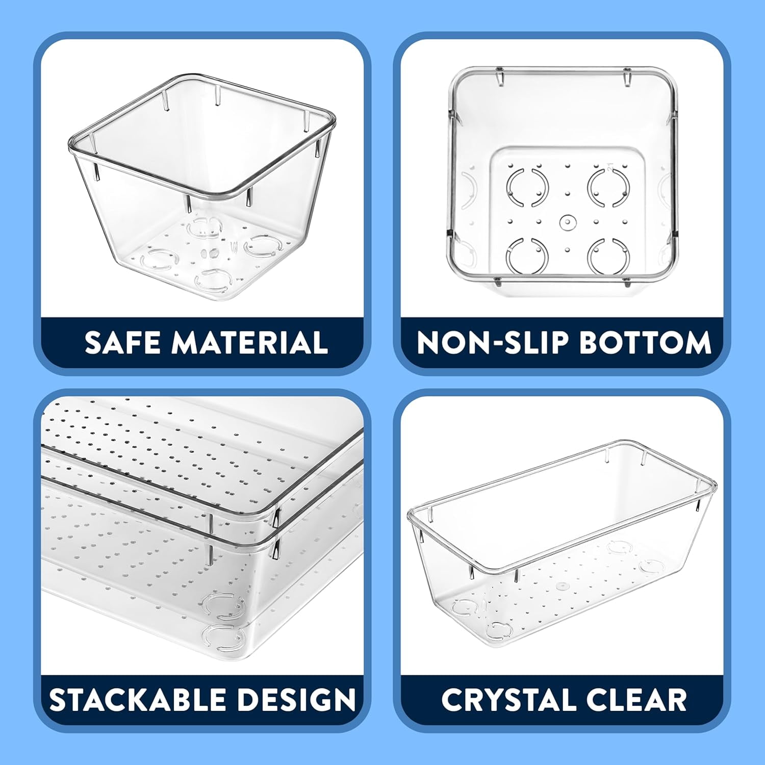 Lifemaster Drawer Organizer Set, 15-Piece Clear Stackable Storage Bins in 4 Sizes for Makeup, Kitchen, and Office Supplies