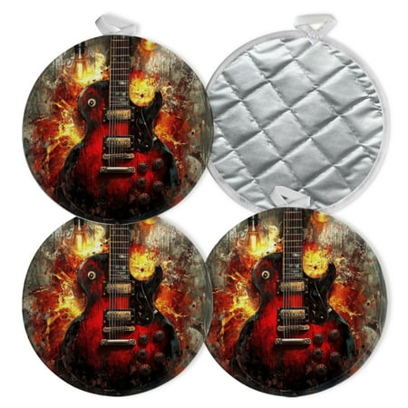 

4 PCS Pot Holders for Kitchen Potholders Sets with Hook for Oven Cooking Baking Black Electric Guitar With Abstract Background