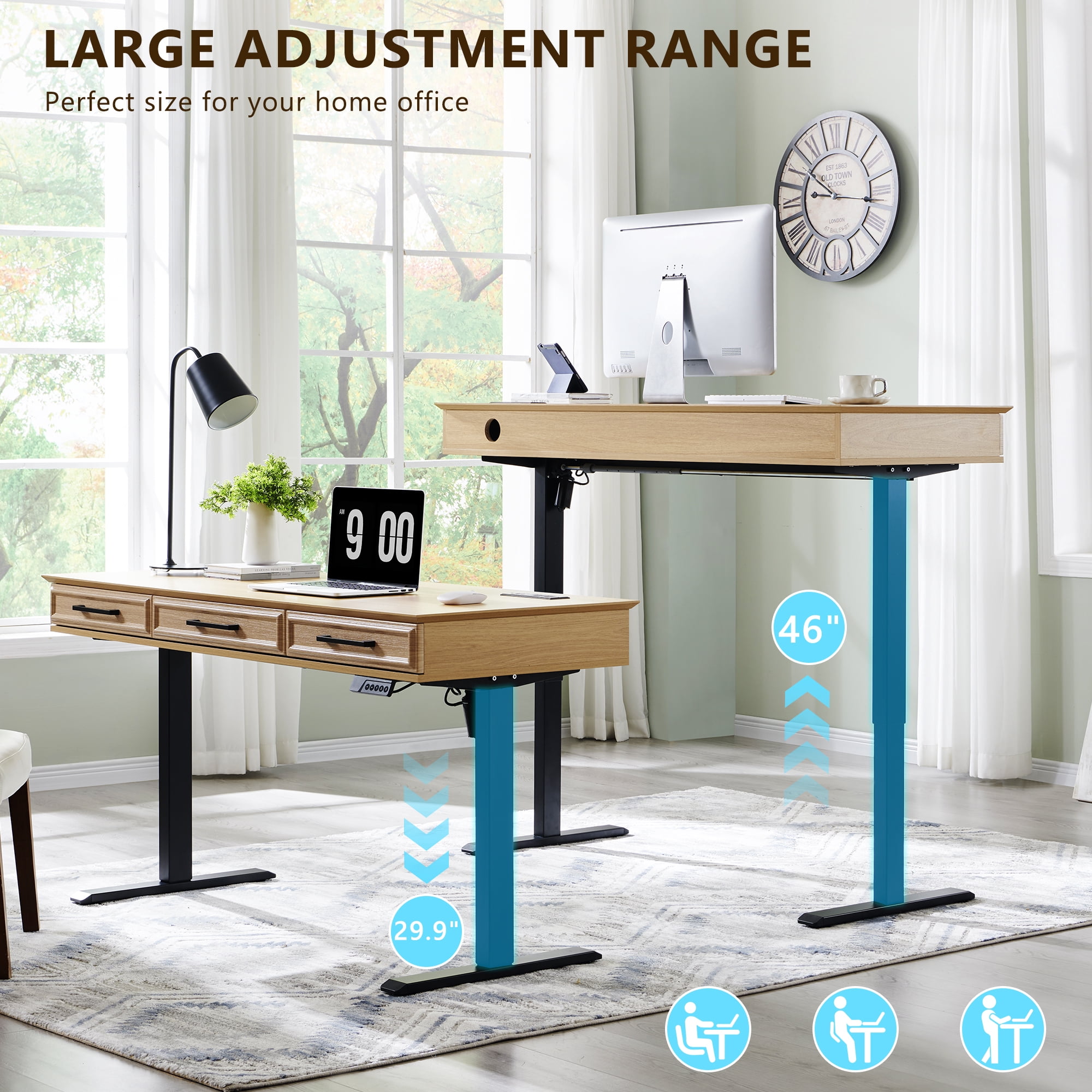 wow97e Electric Standing Desk, 55" x 22" Adjustable Height Office Computer Desk with 3 Storage Drawers, Sit Stand Up Desk with Power Outlets for Study and Home