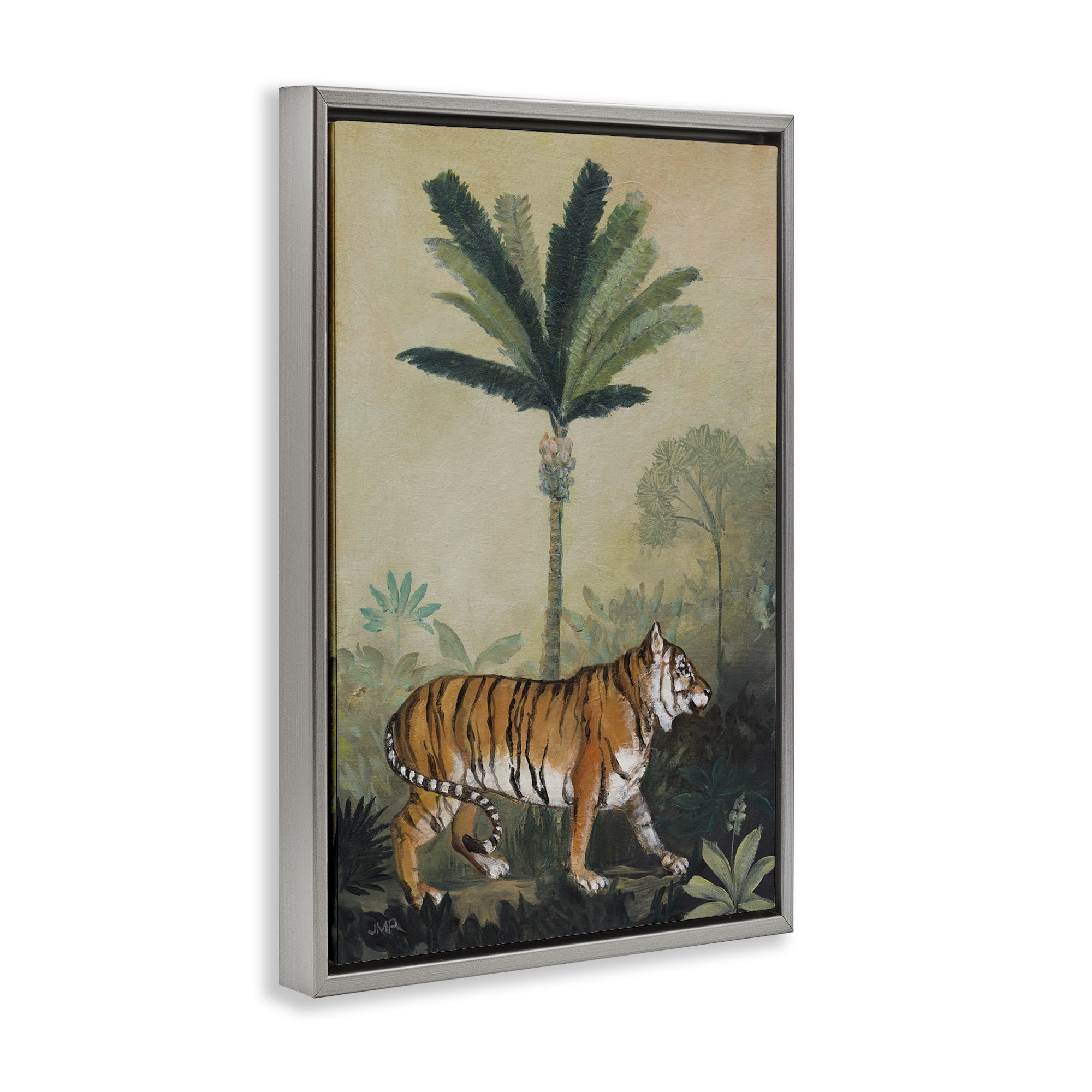 Stupell Industries King Of Jungle Tiger Landscape Painting Gray Floater Framed Canvas Art Print Wall Art, 21 x 31