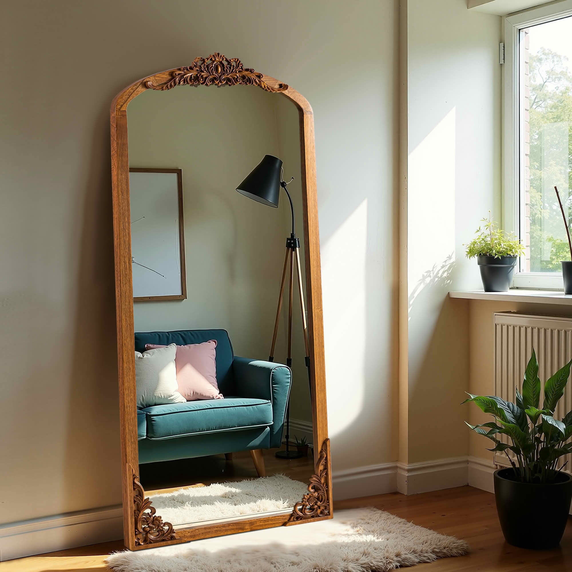 MAYEERTY 69x30x1 Inch Gold Carved Wood Right Angle Slightly Arched Full Length Mirror, No Stand for Bedroom