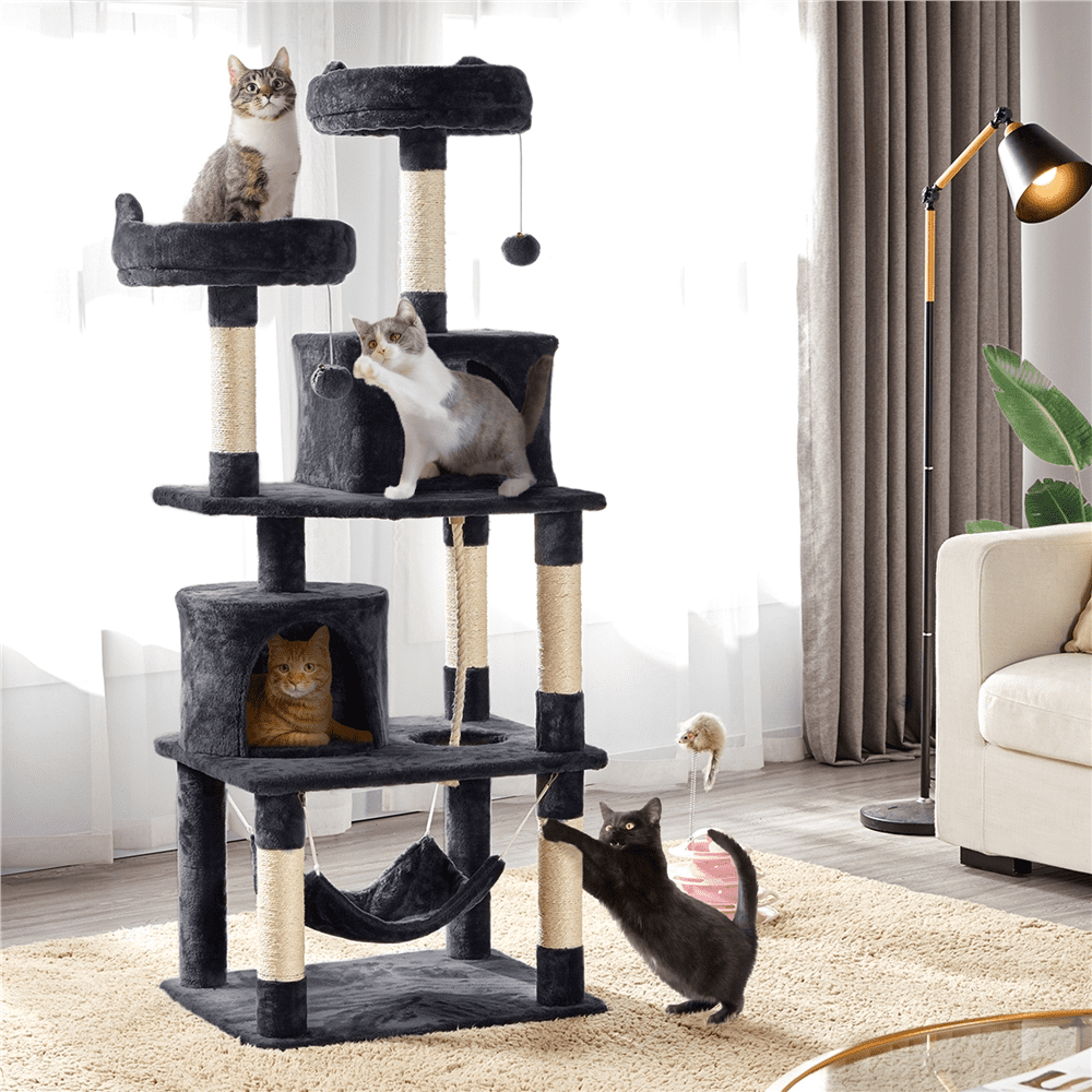 Alden Design 62" Double Condos Cat Tree and Scratching Post Tower, Black